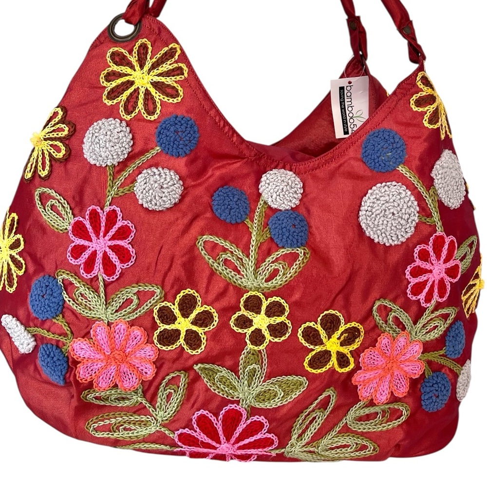 NWT Bamboo54 Floral Embroidered Rust/Red Hobo Shoulder Bag Brand New